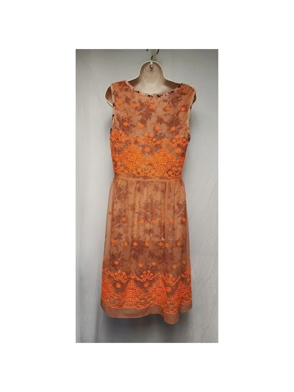 Anthropologie Uncle Frank Embroidered Mesh Overlay Neon Orange Floral Dress Sz M